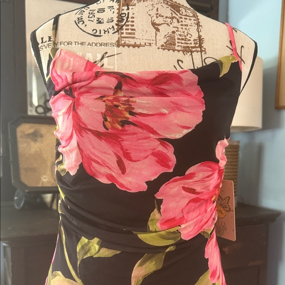 Persaya Black and Pink Floral Print Adjustable Strap Mesh Maxi Dress NWT - Picture 3 of 14
